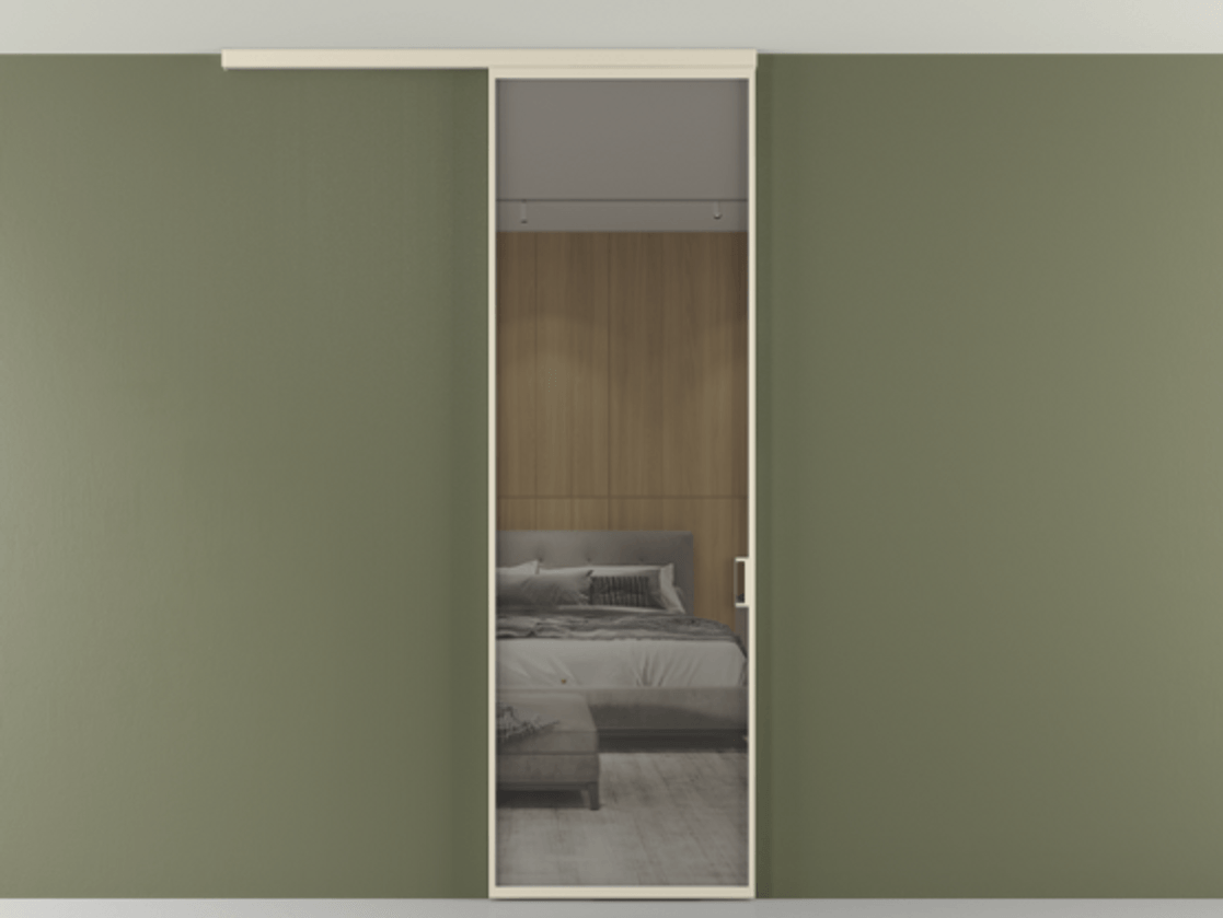 Перегородка Формато вдоль стены на потолок 1 створка АЛПР 040.01 Алюминий бежево-серый Рефлективное серое стекло "Стопсол", калёное Цена 24272710 so'm | Volhovec