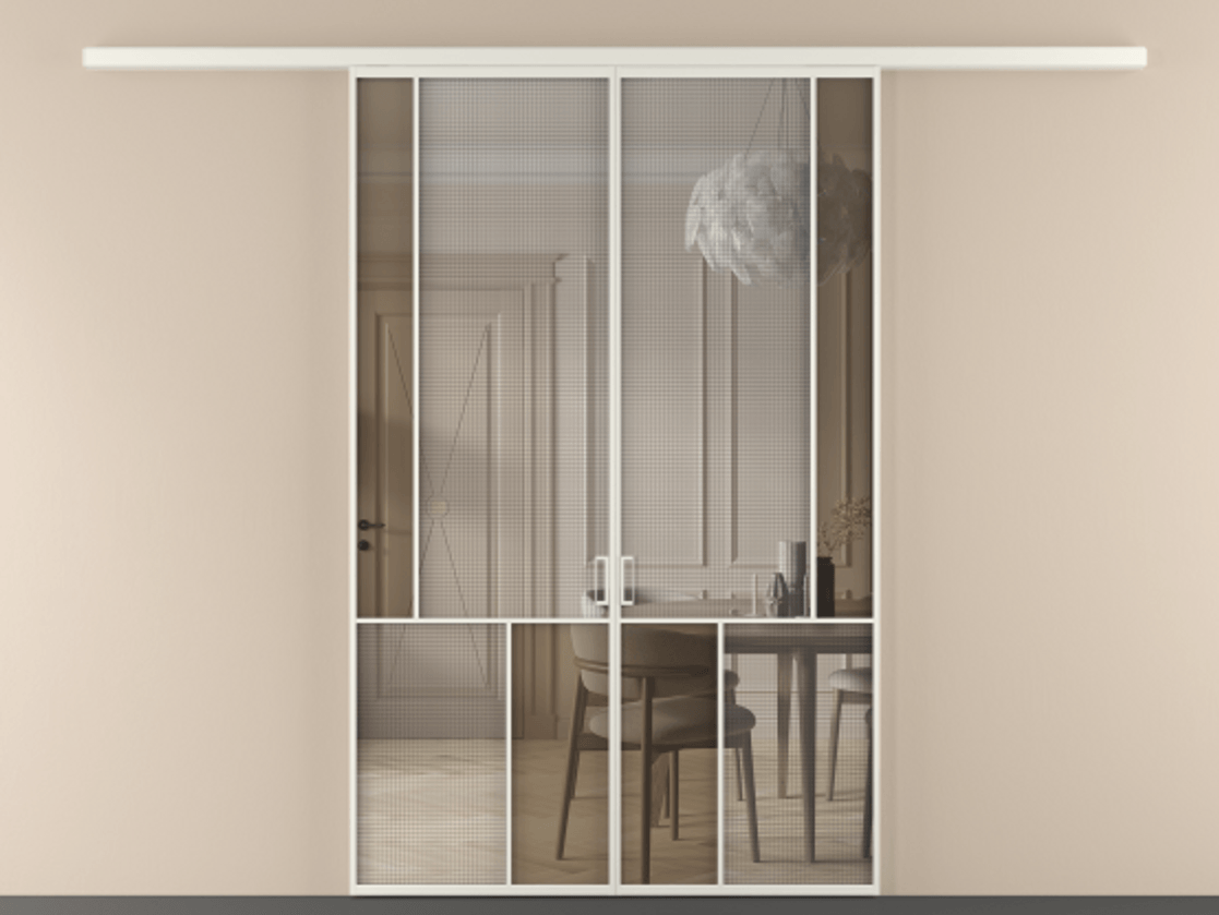 Перегородка Mosaic вдоль стены двустворчатая АЛПР 041.21 Алюминий Белый Mesh silver + Бронза прозрачное триплекс Цена 51066680 so'm | Volhovec