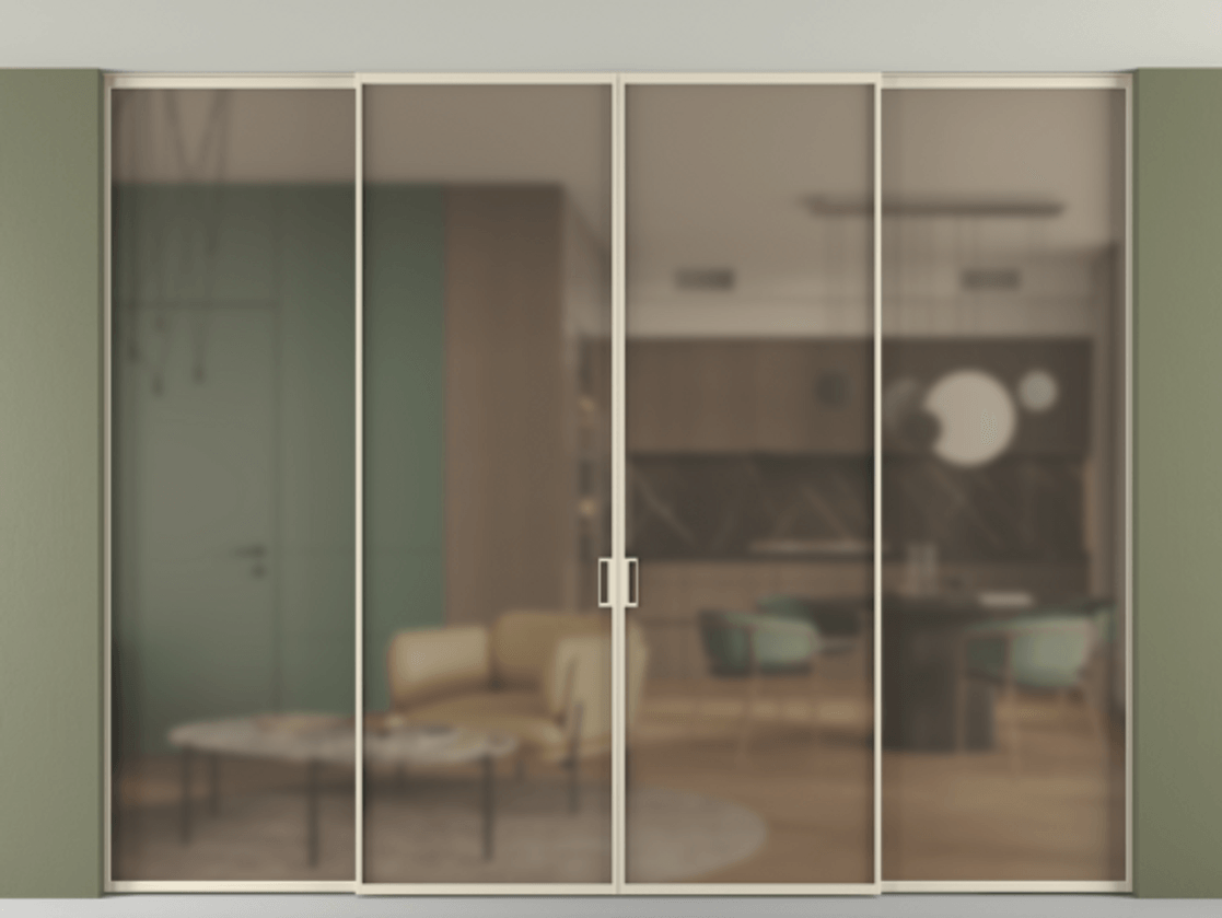 Перегородка Формато внутри проёма скрытое крепление в потолок 4 створки АЛПР 040.01 Алюминий бежево-серый Сатинированное бронзовое стекло, триплекс Цена 85810130 so'm | Volhovec