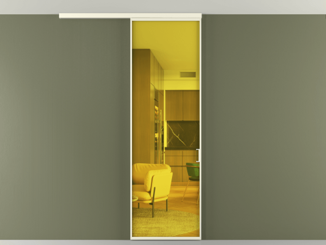 Перегородка Formato вдоль стены на потолок 1 створка АЛПР 040.01 Алюминий молочно-белый Прозрачное жёлтое стекло, триплекс Цена 19535850 so'm | Volhovec