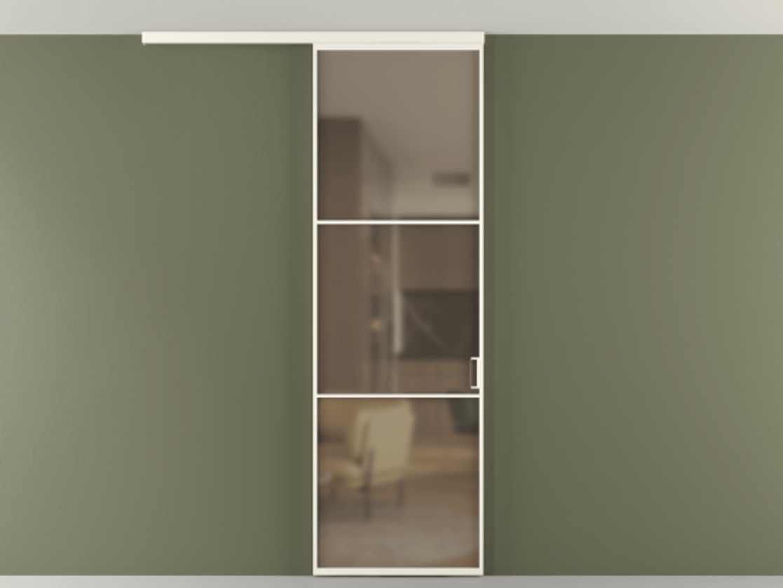 Перегородка Формато вдоль стены на потолок 1 створка АЛПР 040.03 Алюминий пудровый белый Сатинированное бронзовое стекло, триплекс Цена 106540 ₽ | Volhovec