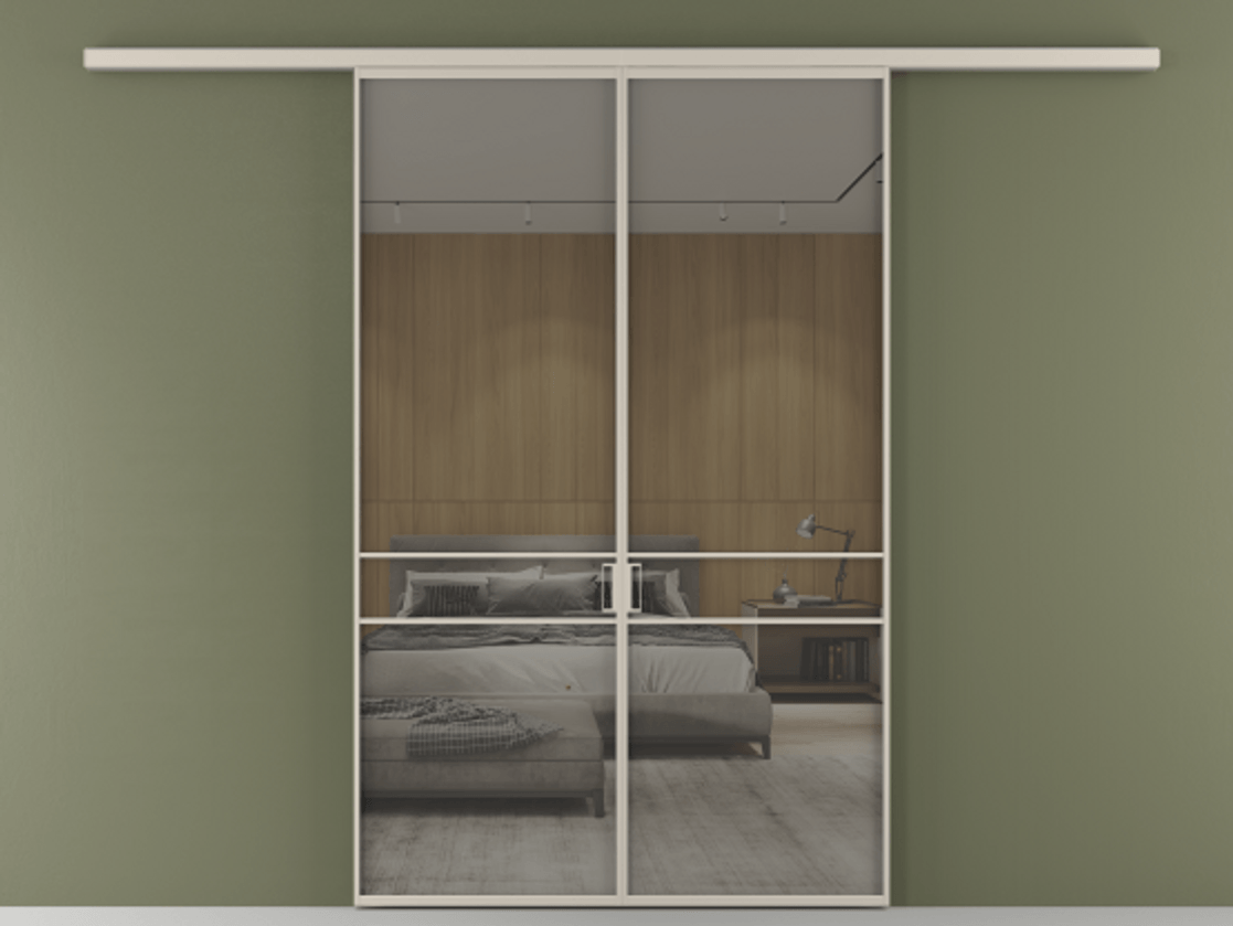 Перегородка Формато вдоль стены 2 створки АЛПР 040.02 Алюминий светло-бежевый Рефлективное серое стекло "Стопсол", калёное Цена 50547000 so'm | Volhovec