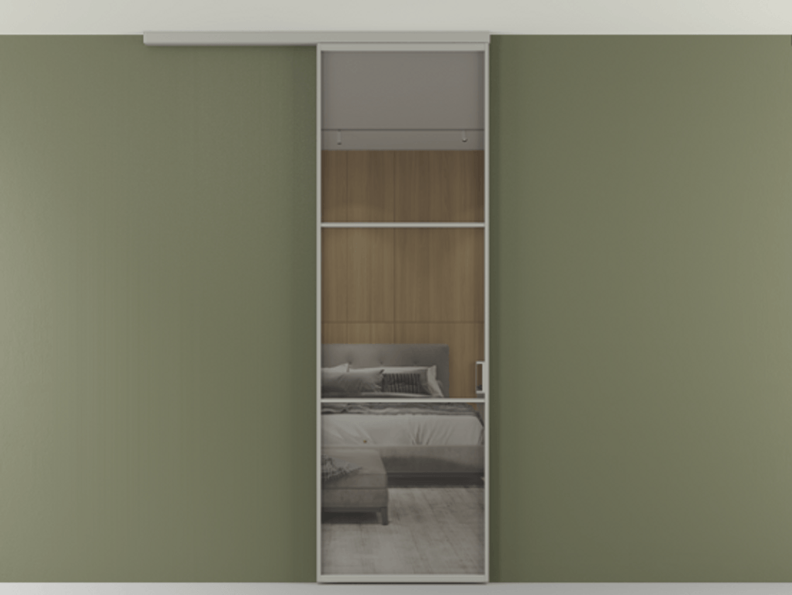 Перегородка Формато вдоль стены на потолок 1 створка АЛПР 040.03 Алюминий нейтральный серый Рефлективное серое стекло "Стопсол", калёное Цена 21799760 so'm | Volhovec