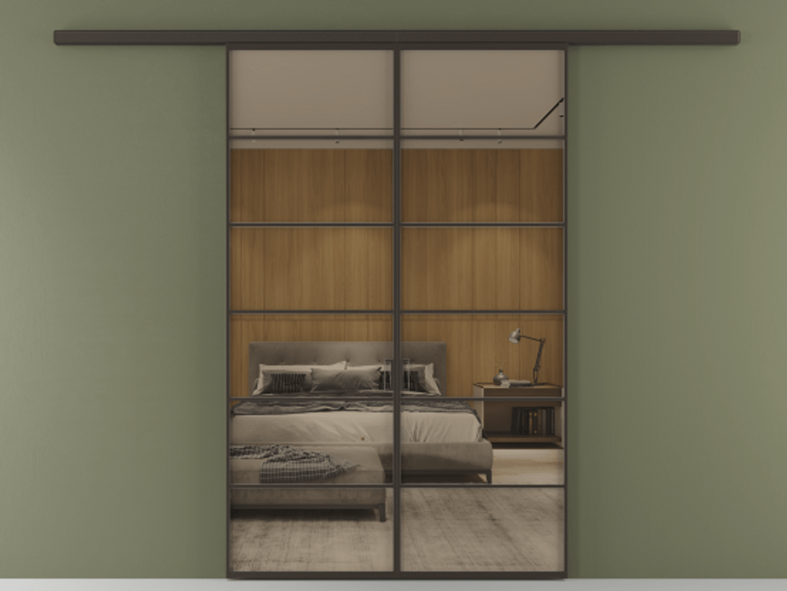 Перегородка Формато вдоль стены 2 створки АЛПР 040.04 Алюминий антрацит Рефлективное бронзовое стекло "Стопсол", калёное Цена 264600 ₽ | Volhovec