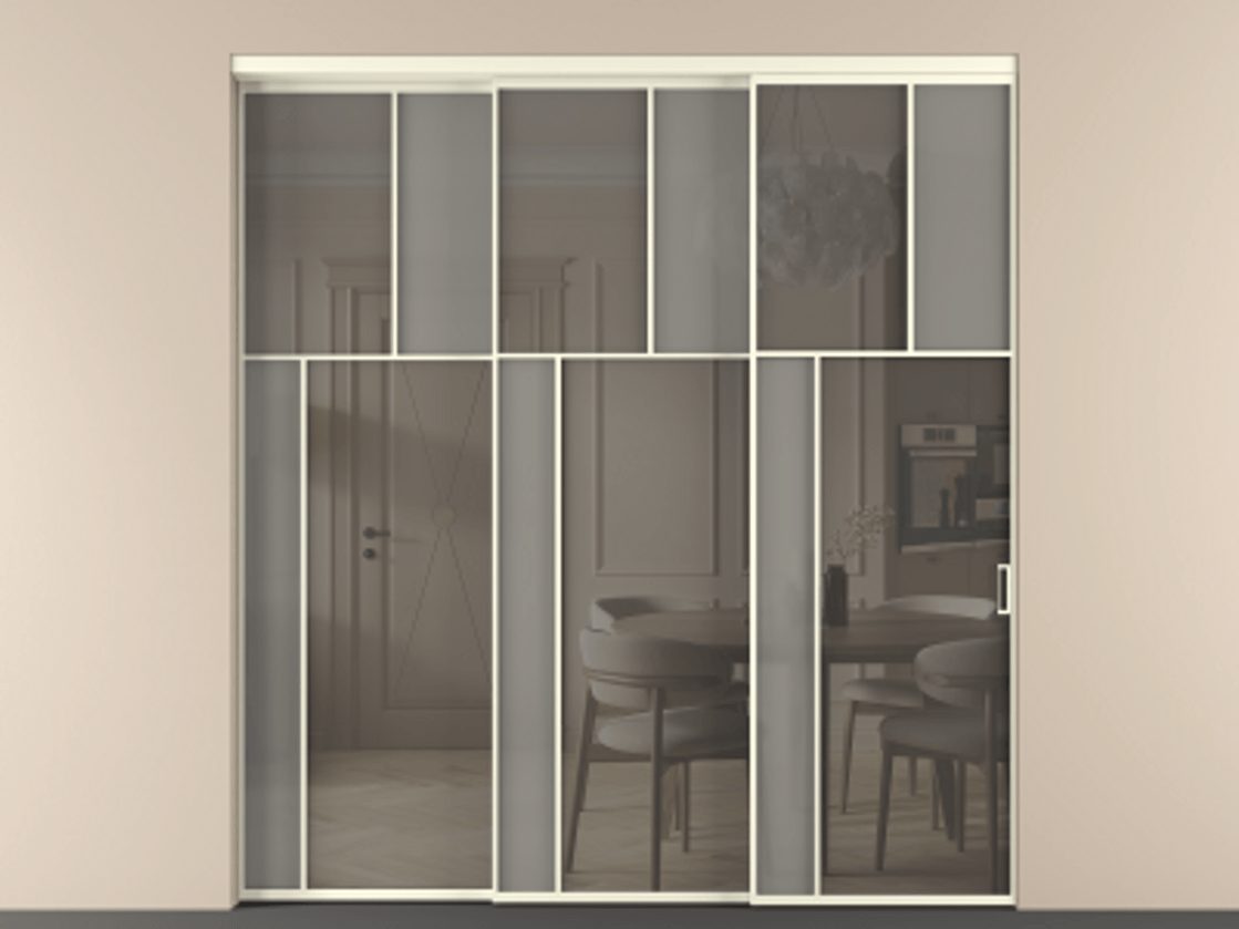 Перегородка Мозаик внутри проёма 3 створки с синхронным механизмом АЛПР 041.22 Алюминий молочно-белый Сатинированное серое стекло, триплекс, 6 мм + Прозрачное серое стекло, триплекс Цена 88790170 so'm | Volhovec