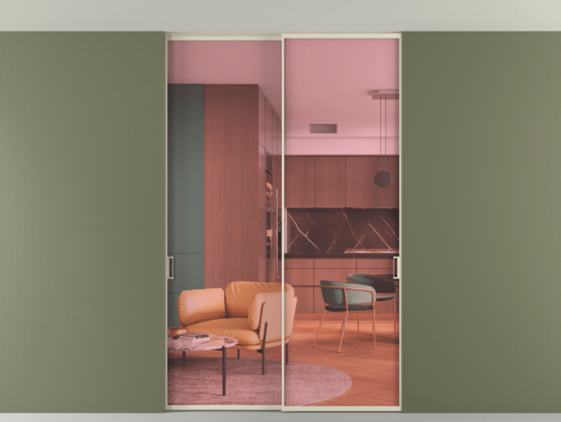 Перегородка Формато внутри проёма скрытое крепление в потолок 2 створки АЛПР 040.01 Алюминий бежево-серый Прозрачное розовое стекло, триплекс Цена 50135350 so'm | Volhovec