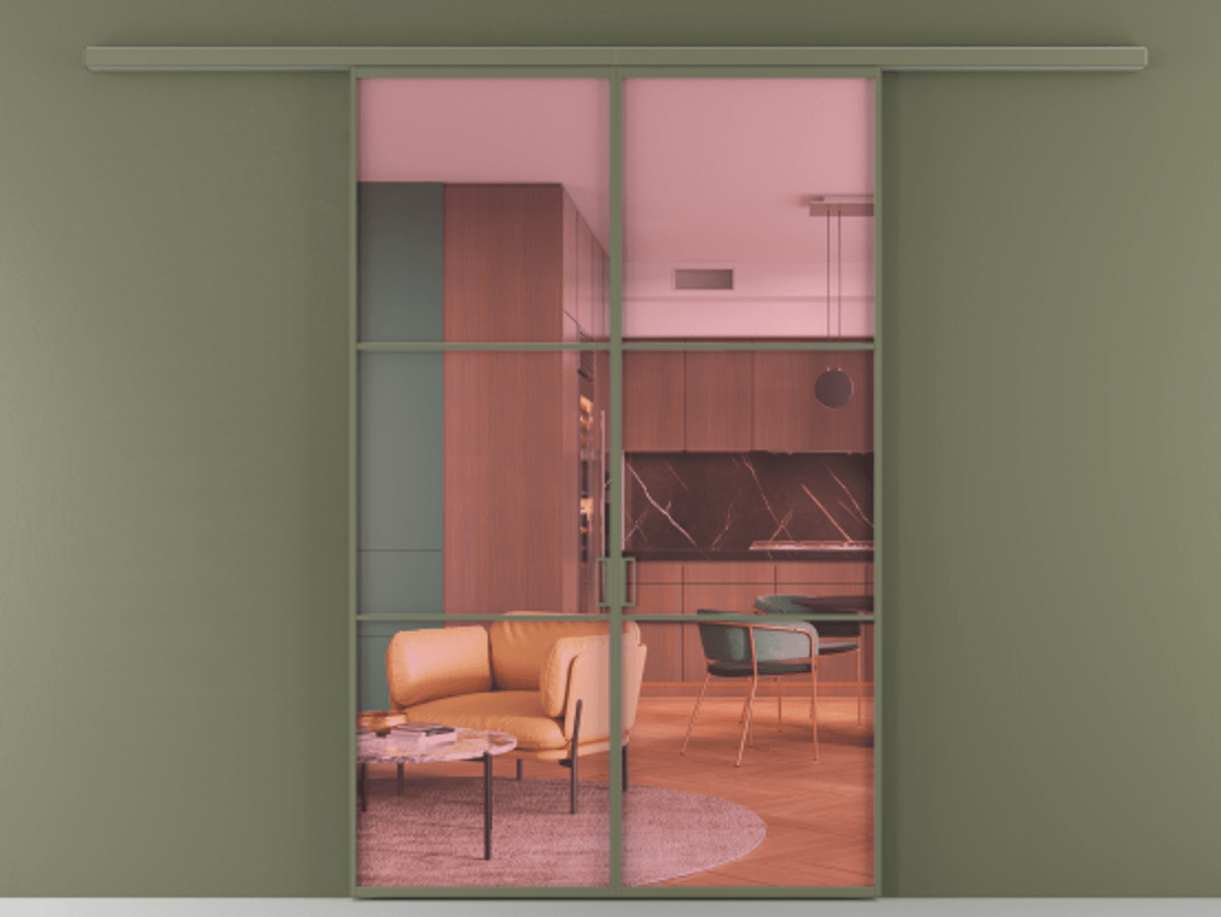 Перегородка Формато вдоль стены 2 створки АЛПР 040.03 Алюминий оливковый тёмный Прозрачное розовое стекло, триплекс Цена 41200880 so'm | Volhovec