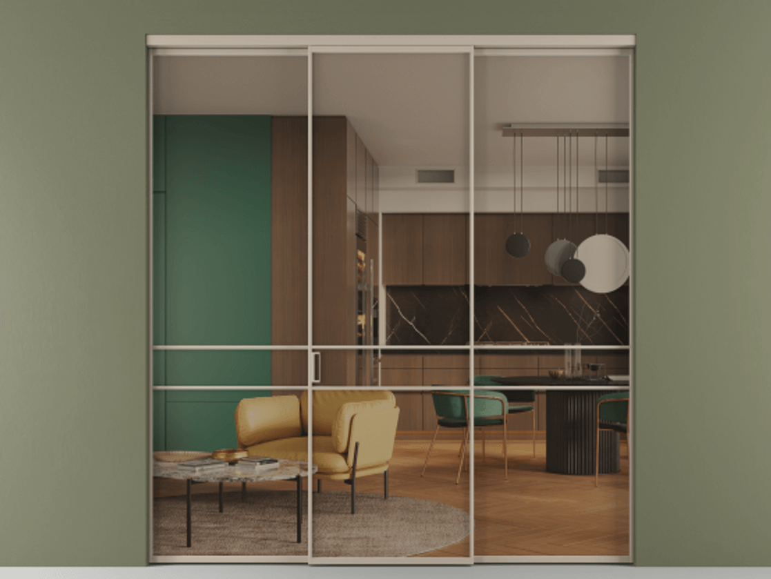 Перегородка Формато внутри проёма 3 створки АЛПР 040.02 Алюминий бисквитный Прозрачное бронзовое стекло, триплекс Цена 48166830 so'm | Volhovec