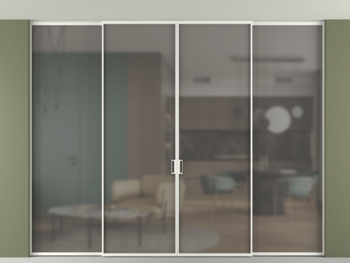 Перегородка Formato внутри проёма скрытое крепление в потолок 4 створки АЛПР 040.01 Алюминий светло-серый Сатинированное серое стекло, триплекс Цена 85810130 so'm | Volhovec