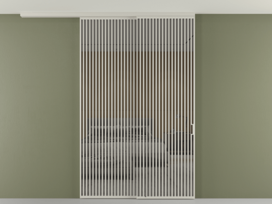 Перегородка Формато вдоль стены на потолок 2 створки с синхронным механизмом АЛПР 040.06 Алюминий тёплый серый Рефлективное серое стекло "Стопсол", калёное Цена 110151860 so'm | Volhovec