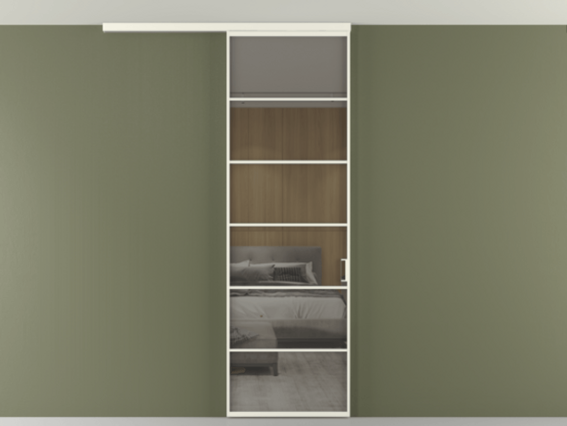 Перегородка Формато вдоль стены на потолок 1 створка АЛПР 040.04 Алюминий жемчужный Рефлективное серое стекло "Стопсол", калёное Цена 23193160 so'm | Volhovec