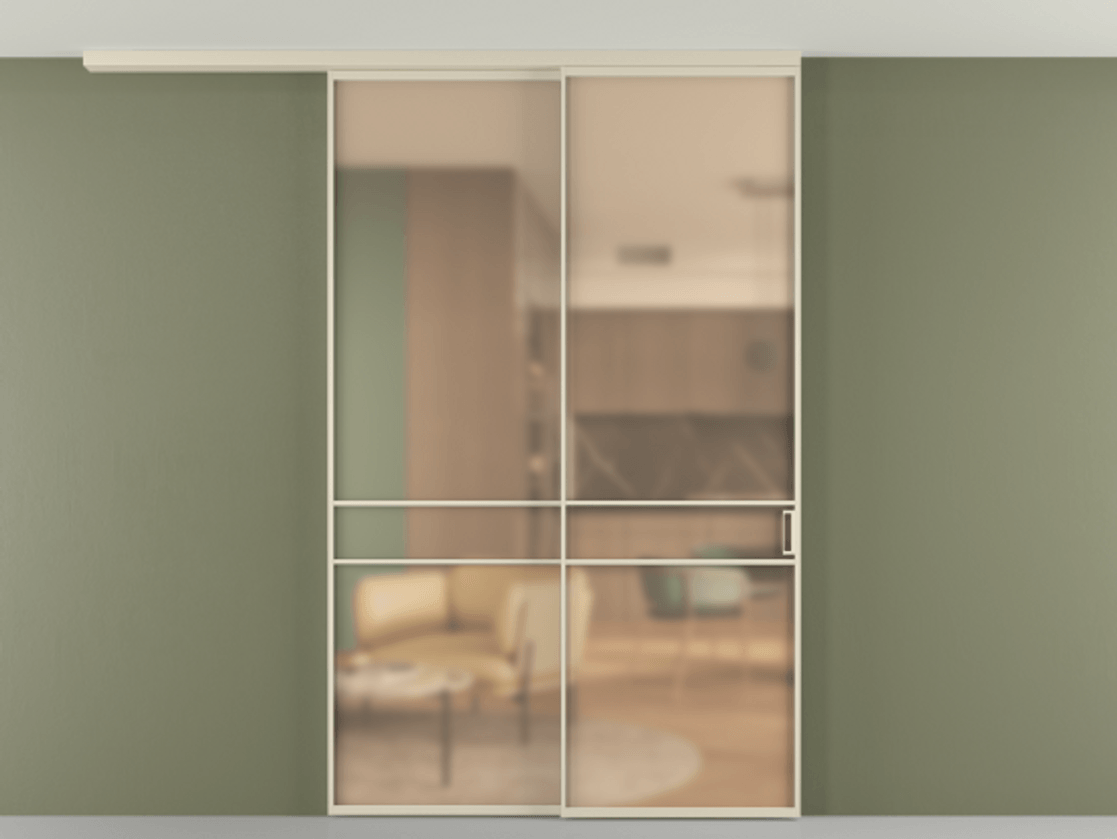 Перегородка Formato вдоль стены на потолок 2 створки с синхронным механизмом АЛПР 040.02 Алюминий бежево-серый Сатинированное оранжевое стекло, триплекс Цена 56429070 so'm | Volhovec