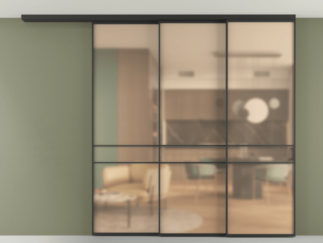 Перегородка Формато вдоль стены на потолок 3 створки с синхронным механизмом АЛПР 040.02 Алюминий Черный Сатинированное оранжевое стекло, триплекс Цена 74209120 so'm | Volhovec