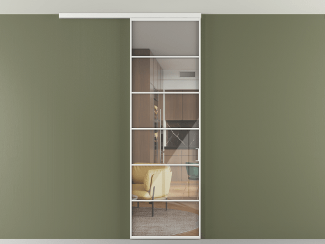 Перегородка Формато вдоль стены на потолок 1 створка АЛПР 040.04 Алюминий белоснежный Рефлективное прозрачное стекло "Стопсол", калёное Цена 114252 ₽ | Volhovec