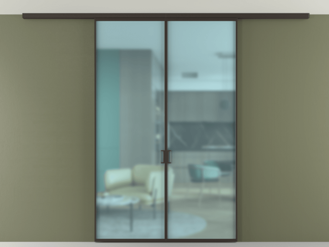 Перегородка Формато вдоль стены на потолок 2 створки АЛПР 040.01 Алюминий антрацит Сатинированное голубое стекло, триплекс Цена 36074120 so'm | Volhovec