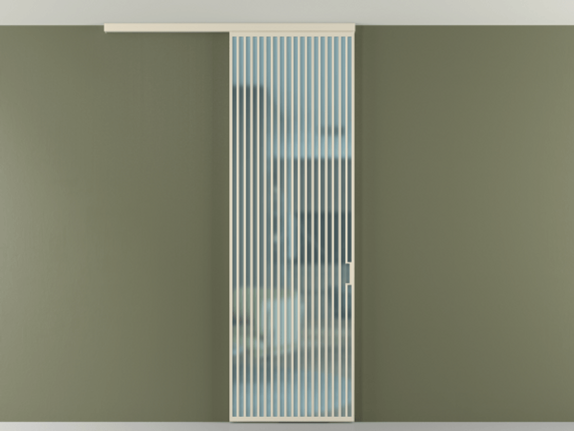 Межкомнатная дверь New Перегородка Formato вдоль стены на потолок одностворчатая АЛПР 040.06 Алюминий бежево-серый Сатинированное голубое стекло, триплекс Цена 38007260  | Volhovec