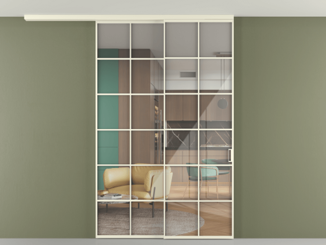 Перегородка Формато вдоль стены на потолок 2 створки с синхронным механизмом АЛПР 040.05 Алюминий молочно-белый Рефлективное прозрачное стекло "Стопсол", калёное Цена 61814310 so'm | Volhovec