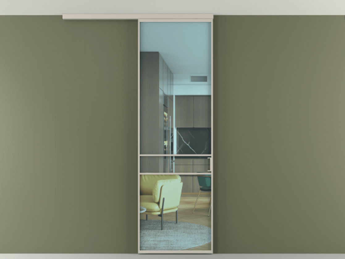 Перегородка Формато вдоль стены на потолок 1 створка АЛПР 040.02 Алюминий светло-бежевый Прозрачное голубое стекло, триплекс Цена 20500540 so'm | Volhovec