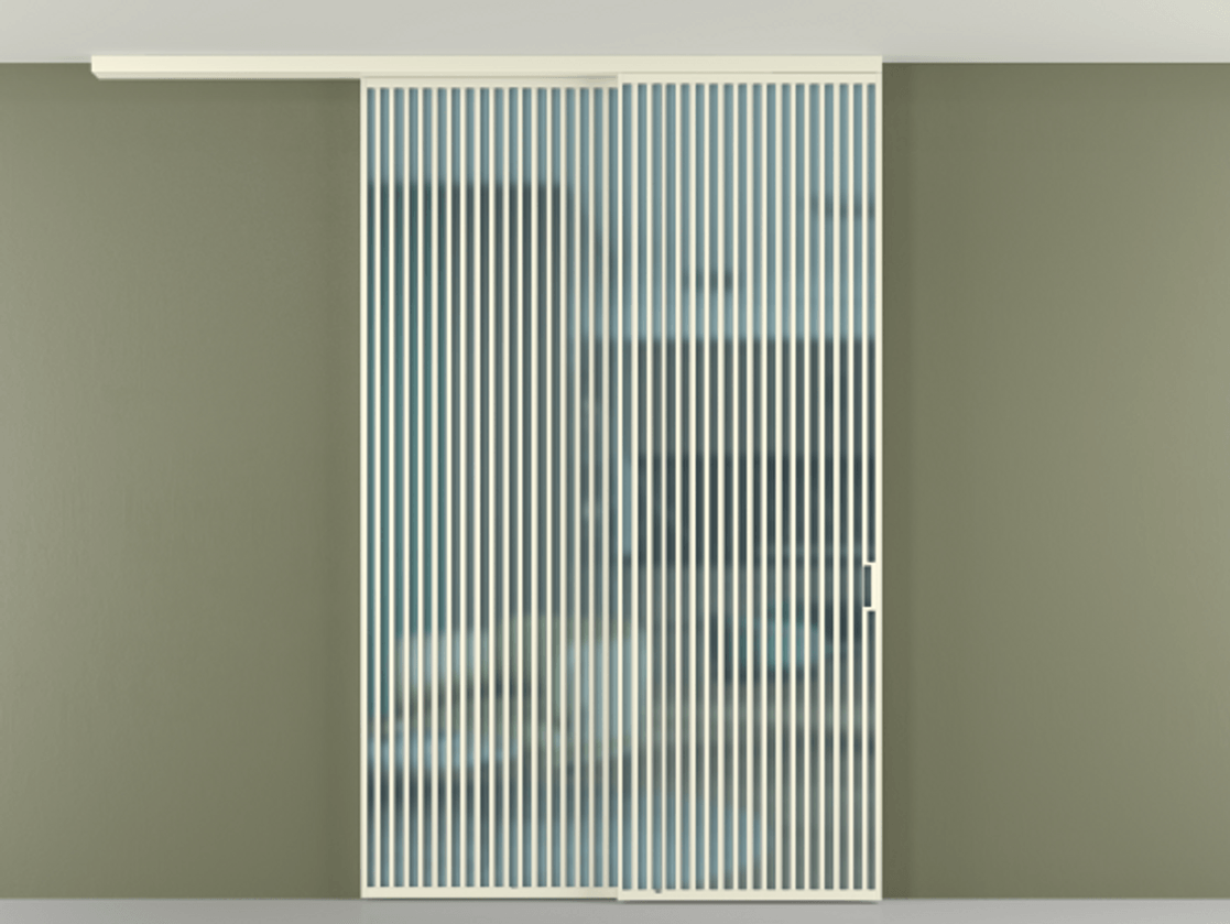 Перегородка Formato вдоль стены на потолок 2 створки с синхронным механизмом АЛПР 040.06 Алюминий молочно-белый Сатинированное голубое стекло, триплекс Цена 22500 AZE | Volhovec