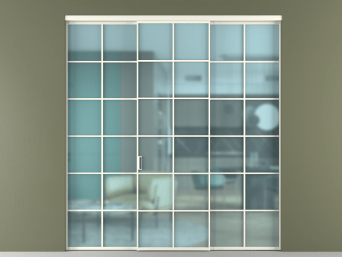 Перегородка Формато внутри проёма 3 створки АЛПР 040.05 Алюминий жемчужный Сатинированное голубое стекло, триплекс Цена 51729480 so'm | Volhovec