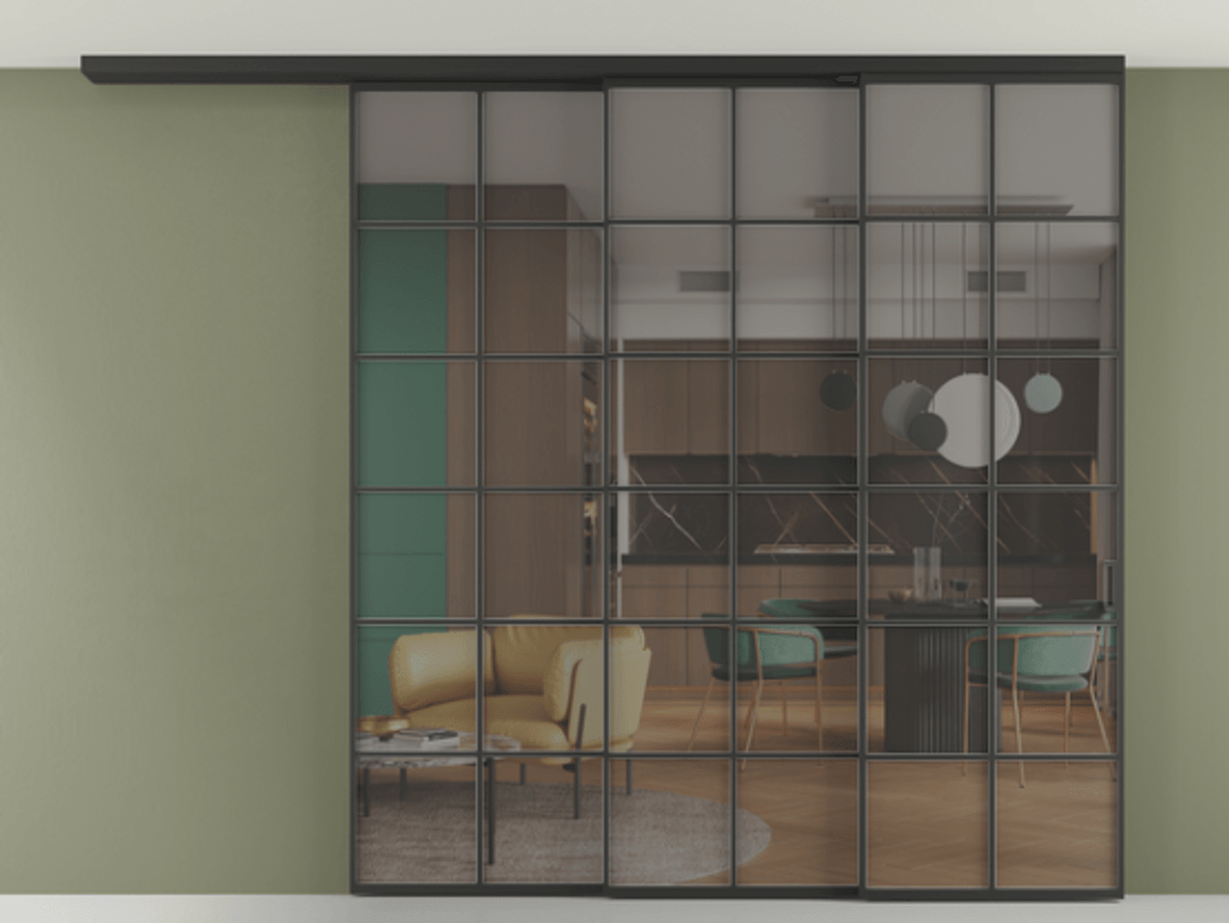 Перегородка Формато вдоль стены на потолок 3 створки с синхронным механизмом АЛПР 040.05 Алюминий Черный Прозрачное серое стекло, триплекс Цена 77927230 so'm | Volhovec