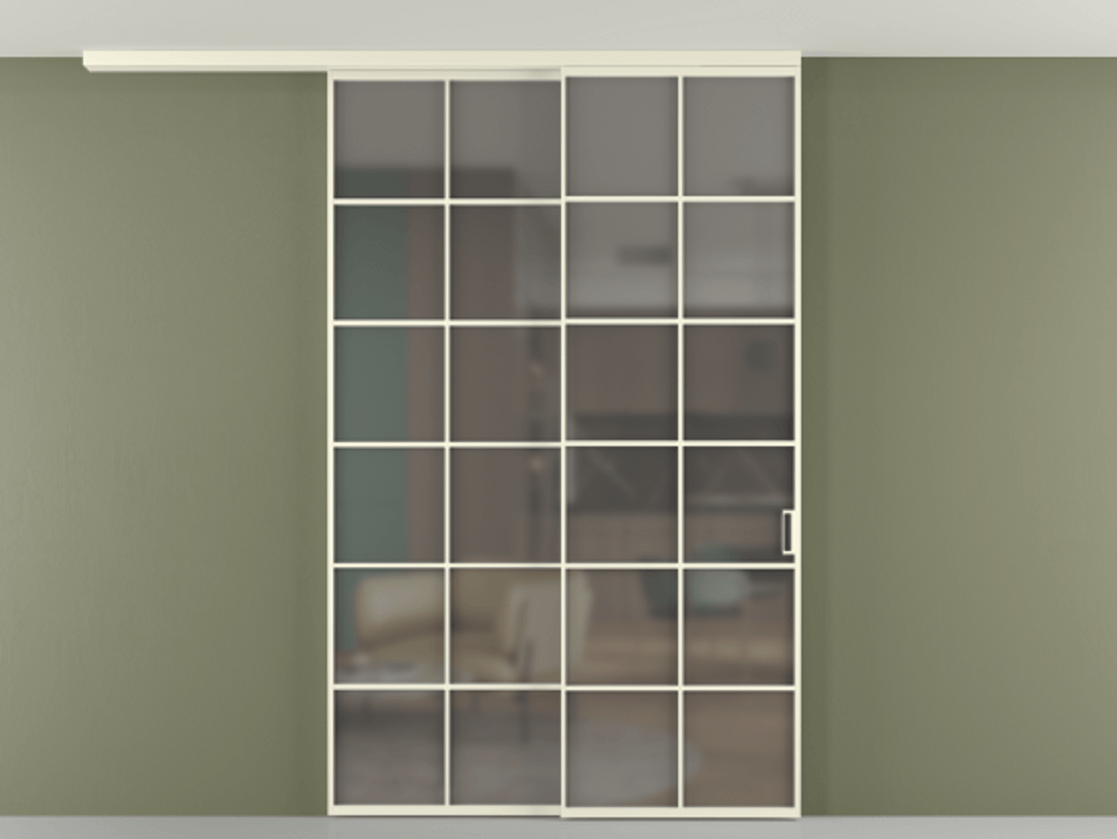 Перегородка Формато вдоль стены на потолок 2 створки с синхронным механизмом АЛПР 040.05 Алюминий молочно-белый Сатинированное серое стекло, триплекс Цена 59215910 so'm | Volhovec