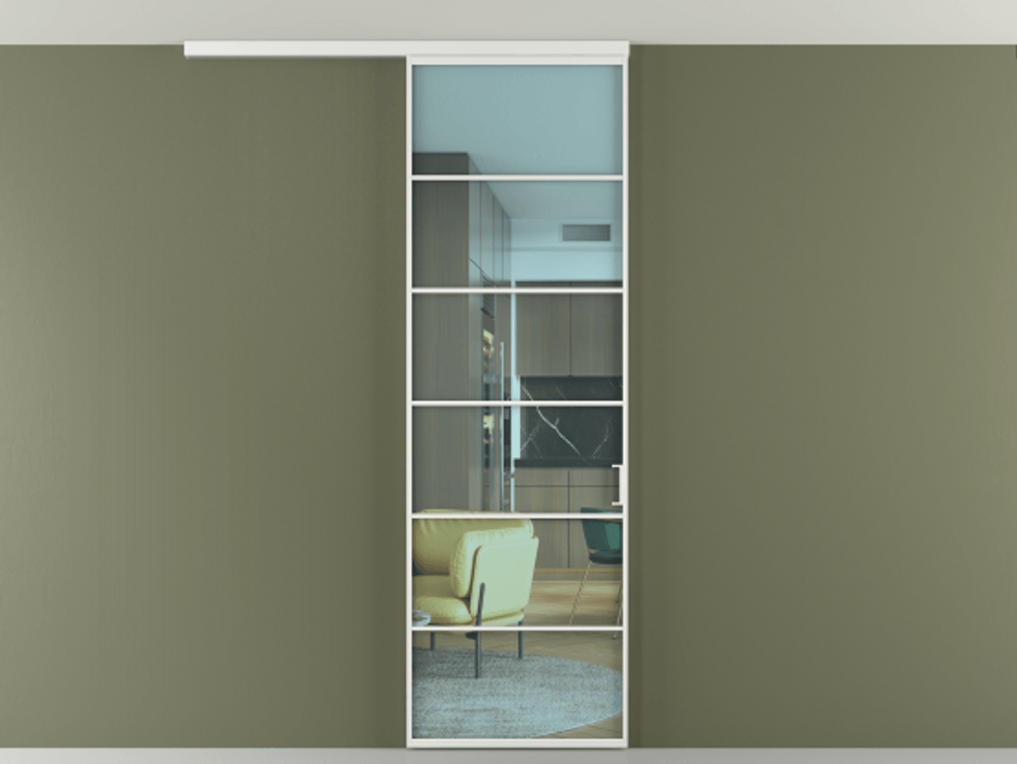 Перегородка Формато вдоль стены на потолок 1 створка АЛПР 040.04 Алюминий белоснежный Прозрачное голубое стекло, триплекс Цена 20968450 so'm | Volhovec