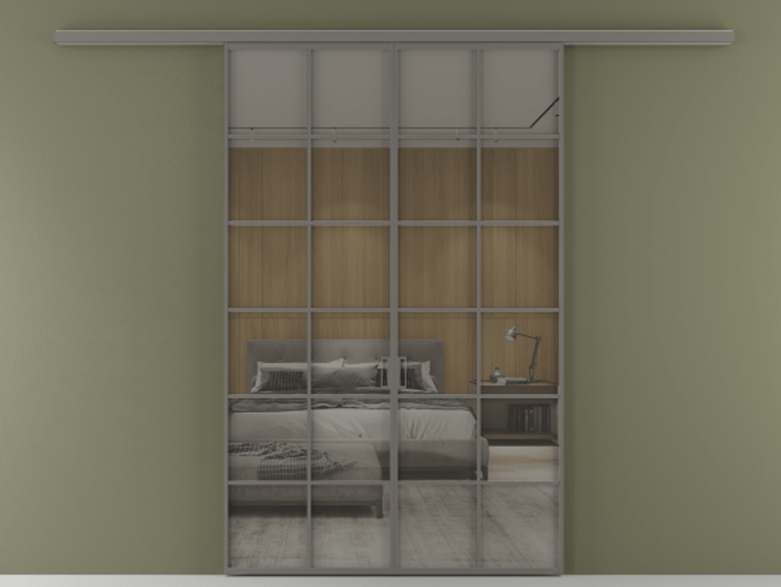 Перегородка Формато вдоль стены 2 створки АЛПР 040.05 Алюминий классический серый Рефлективное серое стекло "Стопсол", калёное Цена 53713800 so'm | Volhovec