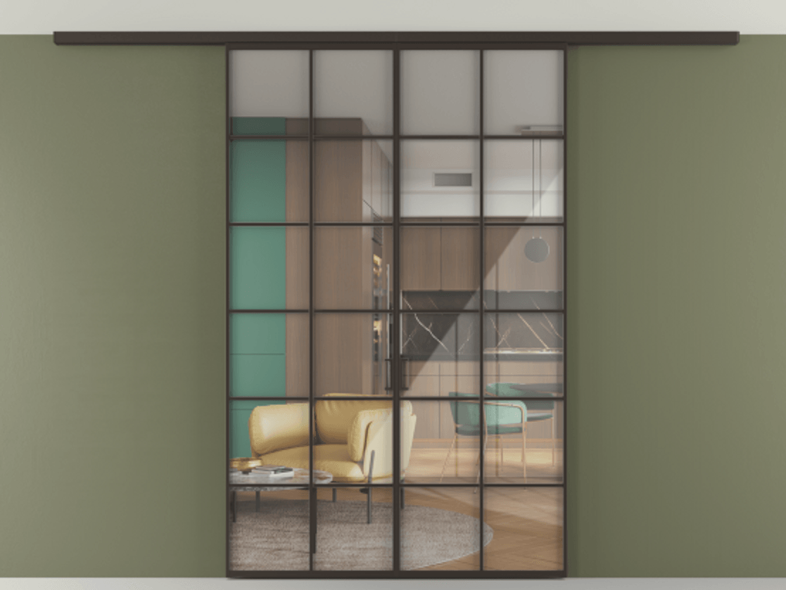 Перегородка Формато вдоль стены на потолок 2 створки АЛПР 040.05 Алюминий антрацит Рефлективное прозрачное стекло "Стопсол", калёное Цена 221404 ₽ | Volhovec