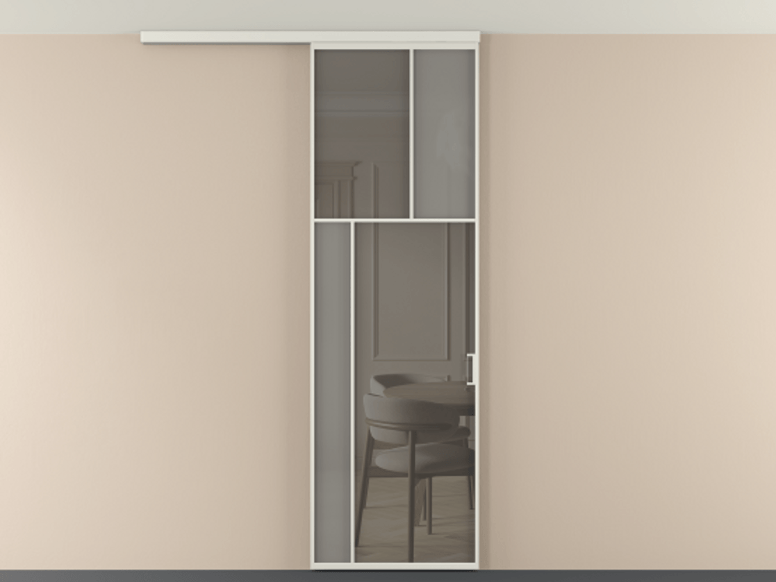 Перегородка Мозаик вдоль стены на потолок 1 створка АЛПР 041.22 Алюминий серый Сатинированное серое стекло, триплекс, 6 мм + Прозрачное серое стекло, триплекс Цена 27413120 so'm | Volhovec