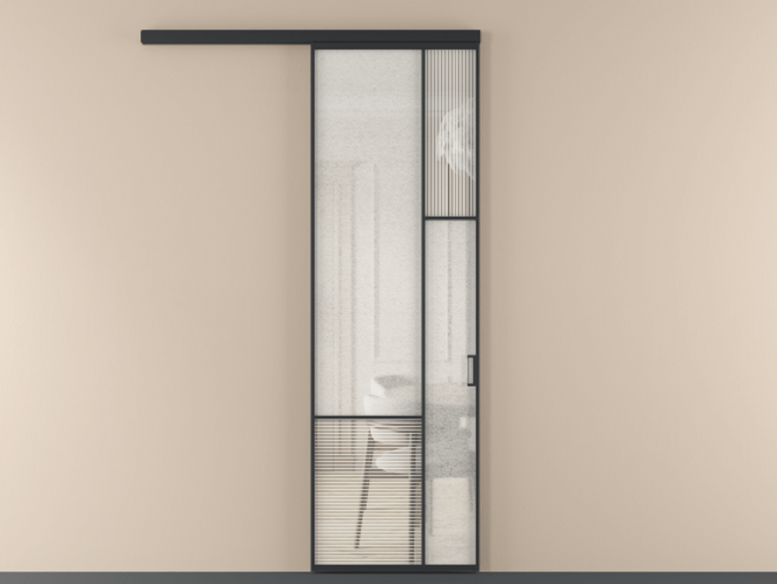 Перегородка Mosaic вдоль стены 1 створка АЛПР 041.12 Алюминий Черный Рифлёное стекло "Дюна", триплекс, 6 мм + Фактурное стекло "Лёд", триплекс Цена 28296170 so'm | Volhovec