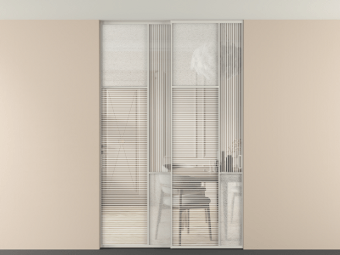 Перегородка Мозаик внутри проёма скрытое крепление в потолок 2 створки АЛПР 041.10 Алюминий тёплый серый Рифлёное стекло "Дюна", триплекс, 6 мм + Фактурное стекло "Лёд", триплекс Цена 69137740 so'm | Volhovec