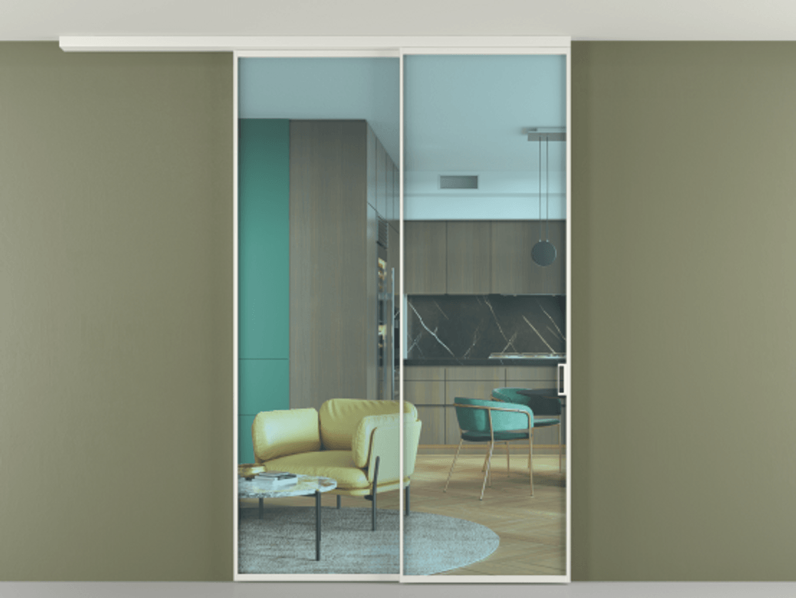 Перегородка Formato вдоль стены на потолок 2 створки с синхронным механизмом АЛПР 040.01 Алюминий светло-серый Прозрачное голубое стекло, триплекс Цена 54499850 so'm | Volhovec