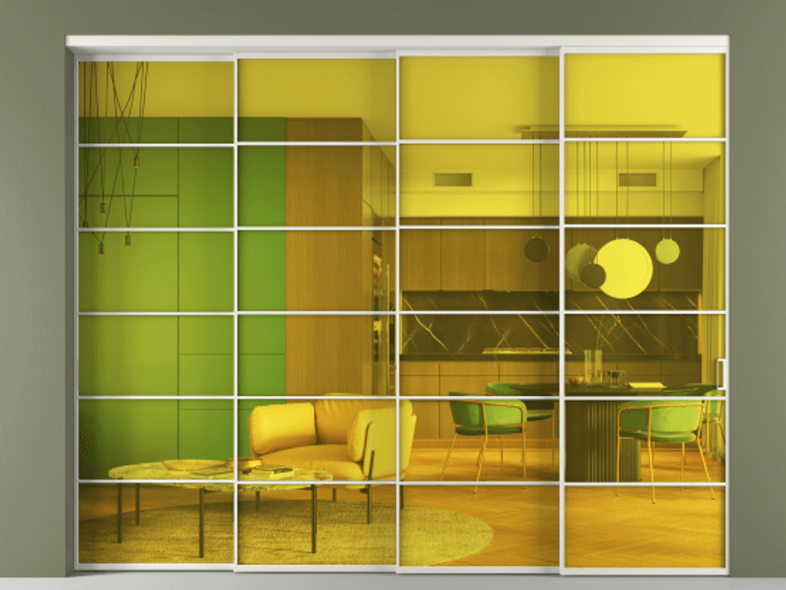 Перегородка Formato внутри проёма телескопик синхро 3 АЛПР 040.04 Алюминий Белый Прозрачное жёлтое стекло, триплекс Цена 94553340 so'm | Volhovec