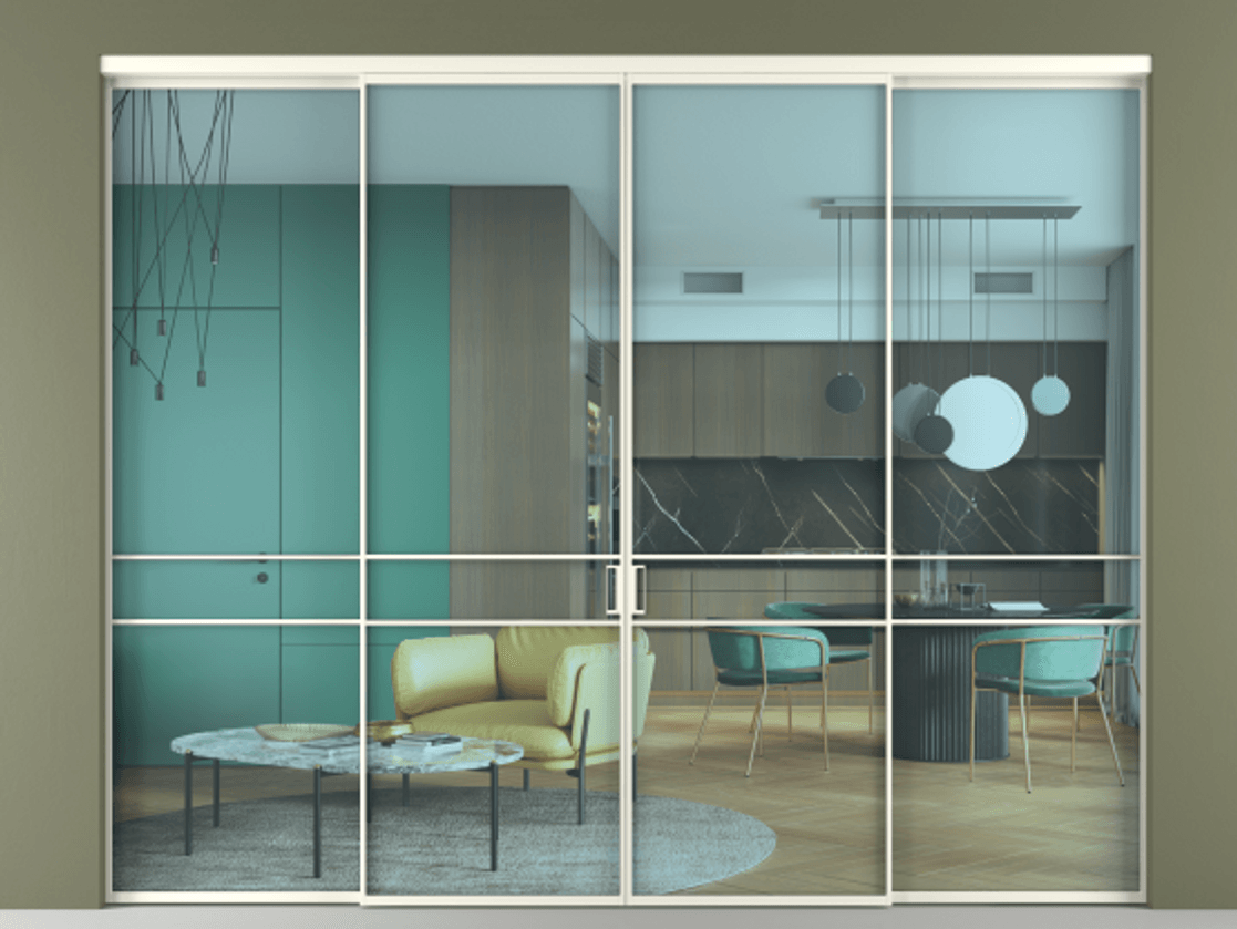 Перегородка Formato внутри проёма 4 створки АЛПР 040.02 Алюминий жемчужный Прозрачное голубое стекло, триплекс Цена 68435360 so'm  | Volhovec