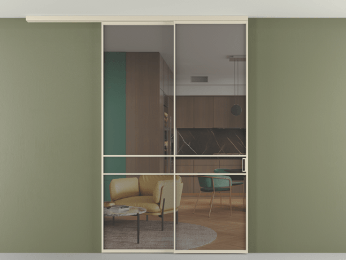 Перегородка Формато вдоль стены на потолок 2 створки с синхронным механизмом АЛПР 040.02 Алюминий бежево-серый Прозрачное серое стекло, триплекс Цена 63137060 so'm | Volhovec