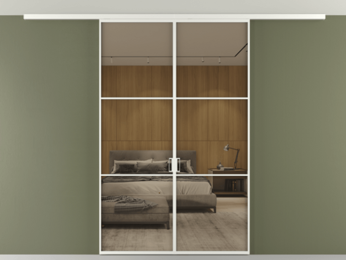 Перегородка Формато вдоль стены на потолок 2 створки АЛПР 040.03 Алюминий светло-серый Рефлективное бронзовое стекло "Стопсол", калёное Цена 49515760 so'm | Volhovec