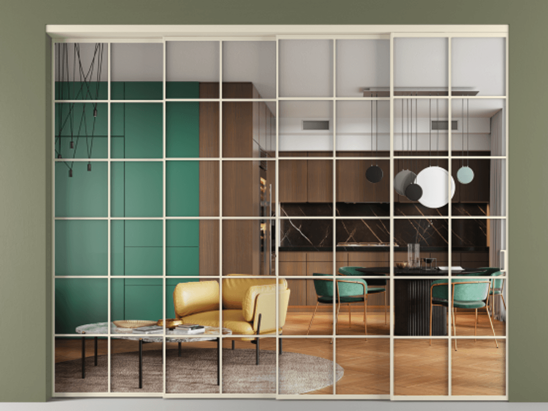 Перегородка Формато внутри проёма 4 створки с синхронным механизмом АЛПР 040.05 Алюминий бежево-серый Прозрачное стекло "Кристал Вижн", калёное Цена 104398840 so'm | Volhovec