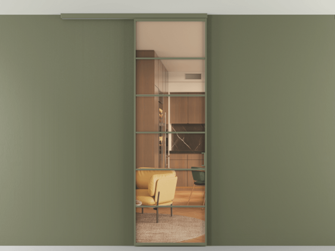 Перегородка Формато вдоль стены на потолок 1 створка АЛПР 040.04 Алюминий оливковый тёмный Прозрачное оранжевое стекло, триплекс Цена 21893990 so'm | Volhovec