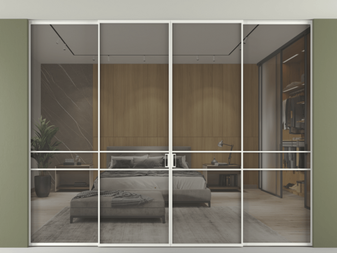 Перегородка Формато внутри проёма скрытое крепление в потолок 4 створки АЛПР 040.02 Алюминий светло-серый Рефлективное серое стекло "Стопсол", калёное Цена 112693420 so'm | Volhovec