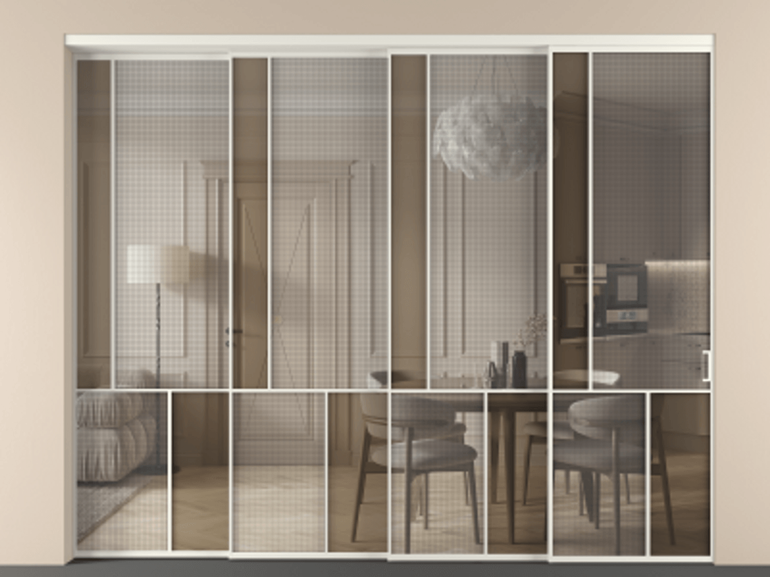 Перегородка Mosaic внутри проема телескопик синхро-4 АЛПР 041.20 Алюминий Белый Mesh silver + Бронза прозрачное триплекс Цена 110131560 so'm | Volhovec