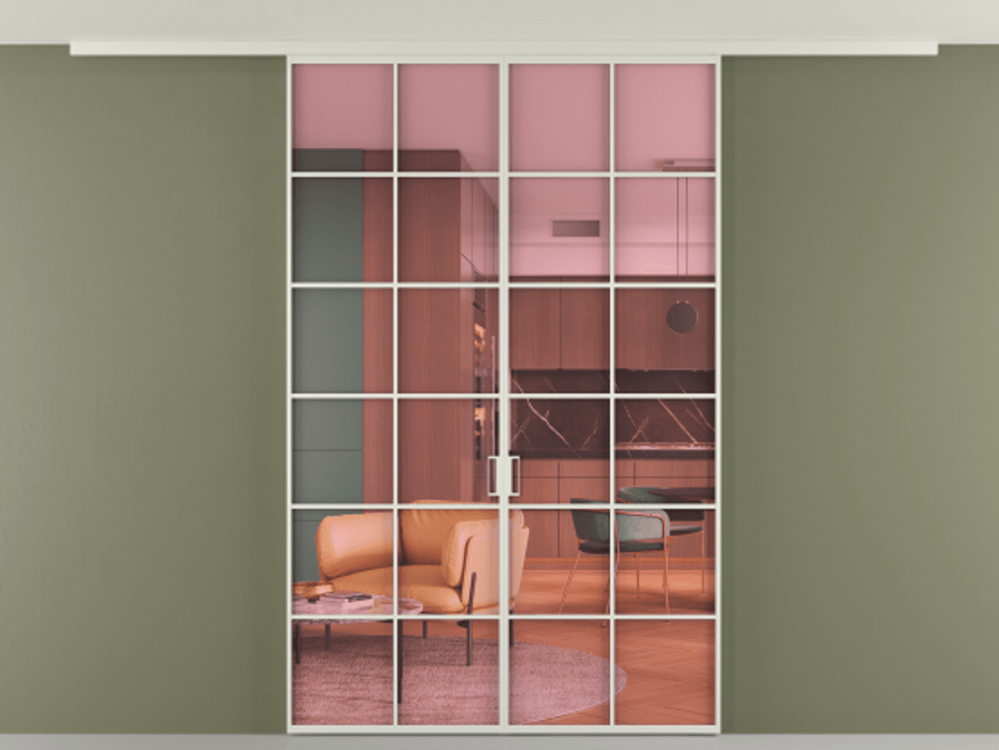 Перегородка Формато вдоль стены на потолок 2 створки АЛПР 040.05 Алюминий Белый Прозрачное розовое стекло, триплекс Цена 38932360 so'm | Volhovec