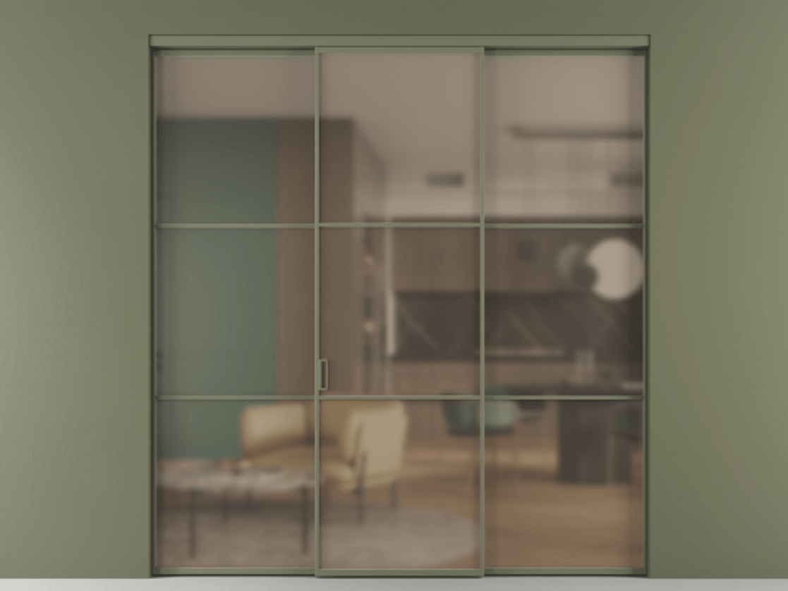 Перегородка Формато внутри проёма 3 створки АЛПР 040.03 Алюминий оливковый тёмный Сатинированное бронзовое стекло, триплекс Цена 261000 ₽ | Volhovec