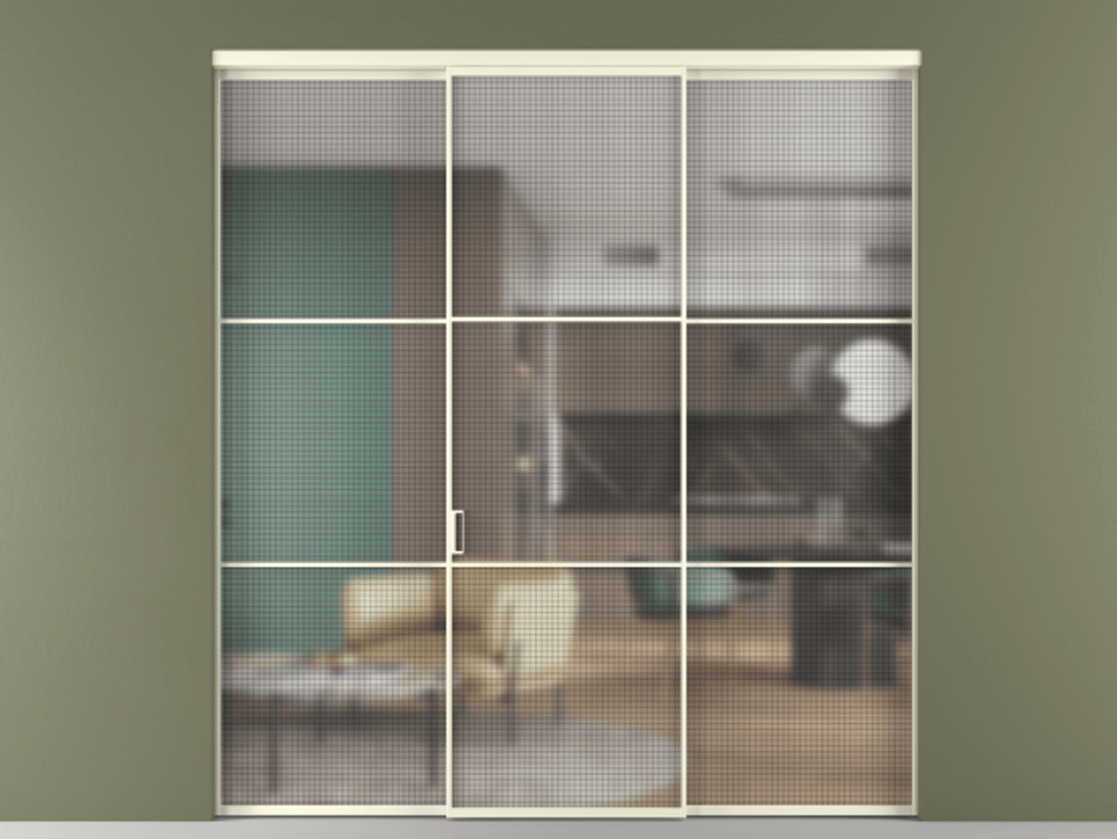 Перегородка Formato внутри проёма 3 створки АЛПР 040.03 Алюминий молочно-белый Декоративное стекло с сеткой "Mesh silver", триплекс Цена 54351220 so'm | Volhovec