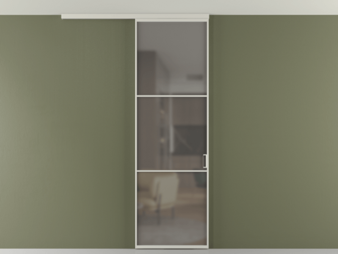 Перегородка Формато вдоль стены на потолок 1 створка АЛПР 040.03 Алюминий тёплый серый Сатинированное серое стекло, триплекс Цена 19662170 so'm | Volhovec