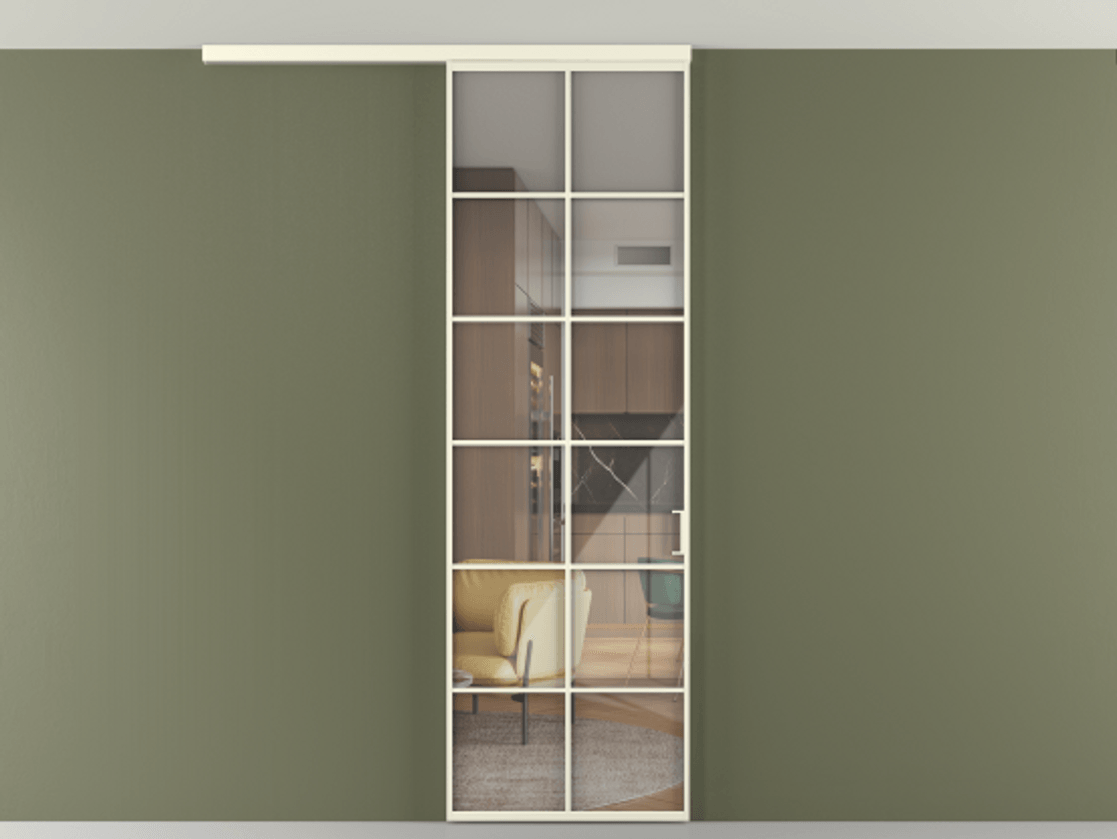 Перегородка Формато вдоль стены на потолок 1 створка АЛПР 040.05 Алюминий молочно-белый Рефлективное прозрачное стекло "Стопсол", калёное Цена 27220270 so'm | Volhovec