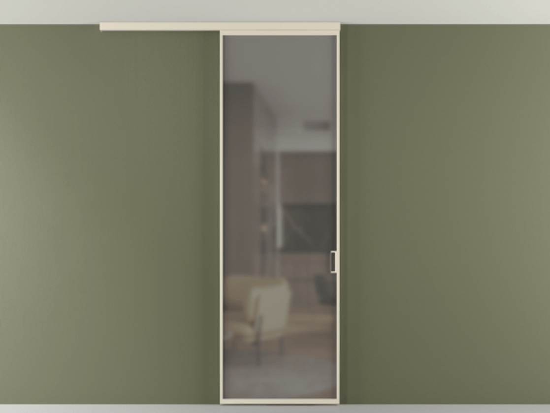 Перегородка Формато вдоль стены на потолок 1 створка АЛПР 040.01 Алюминий бежево-серый Сатинированное серое стекло, триплекс Цена 18757810 so'm | Volhovec