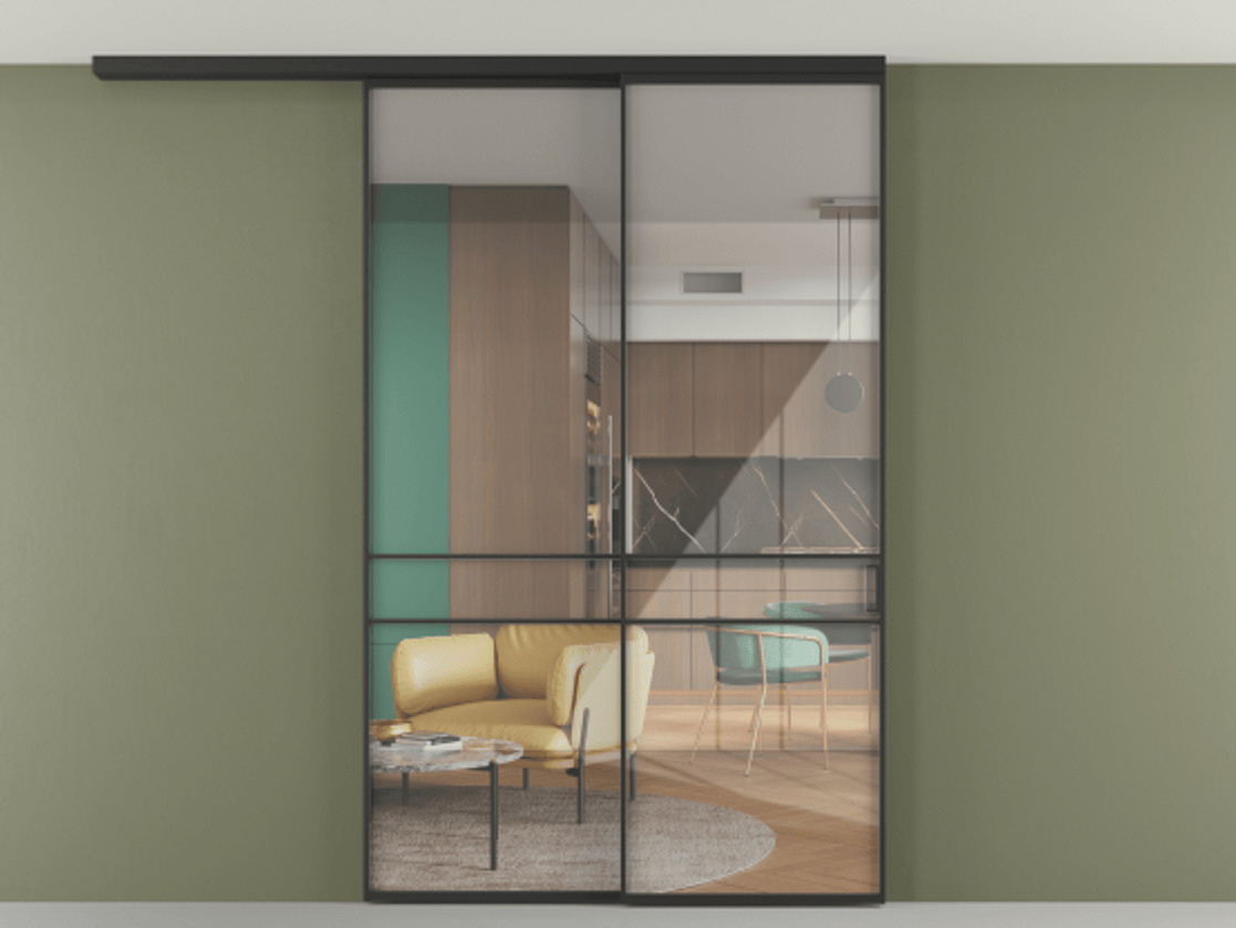 Перегородка Формато вдоль стены на потолок 2 створки с синхронным механизмом АЛПР 040.02 Алюминий Черный Рефлективное прозрачное стекло "Стопсол", калёное Цена 63356300 so'm | Volhovec