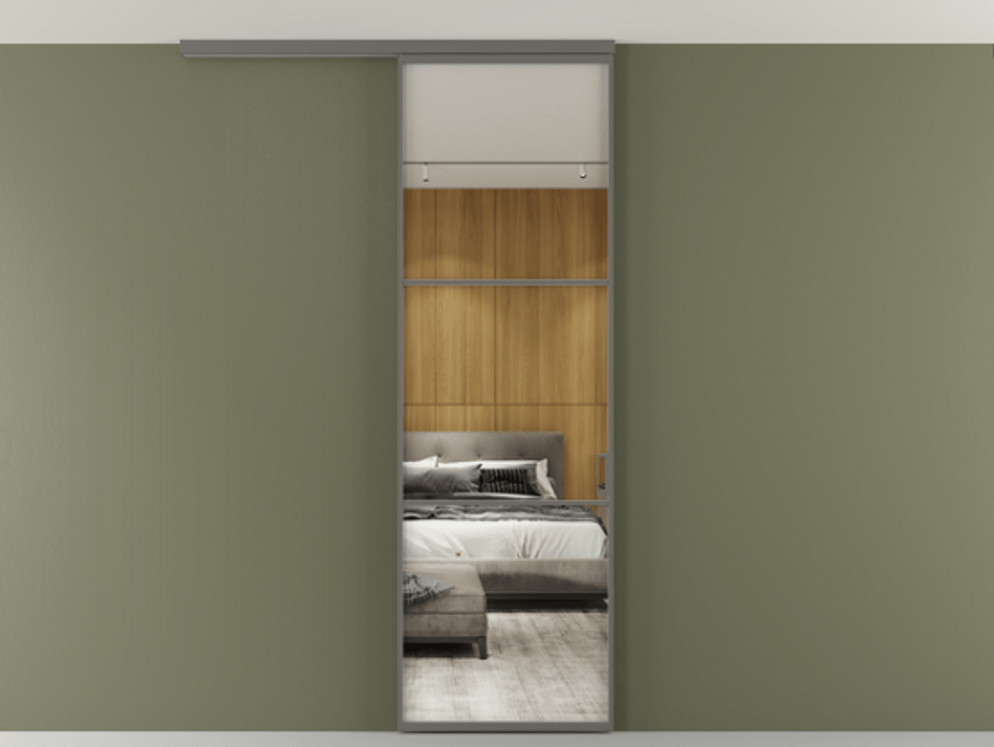 Перегородка Формато вдоль стены на потолок 1 створка АЛПР 040.03 Алюминий классический серый Двустороннее зеркало, триплекс , триплекс 6 мм Цена 20500560 so'm | Volhovec