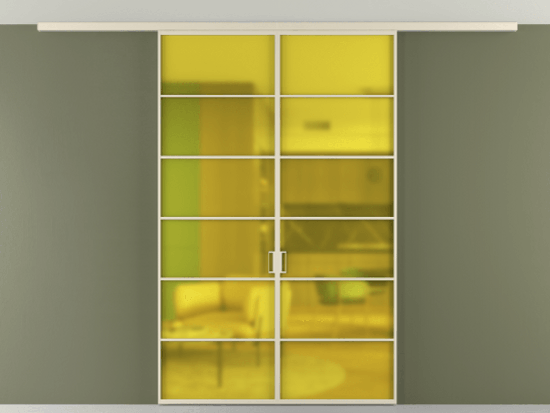 Перегородка Formato вдоль стены на потолок 2 створки АЛПР 040.04 Алюминий бежево-серый Сатинированное жёлтое стекло, триплекс Цена 49751240 so'm | Volhovec